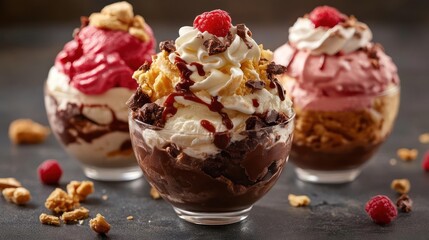 Three sundaes with whipped cream and toppings.