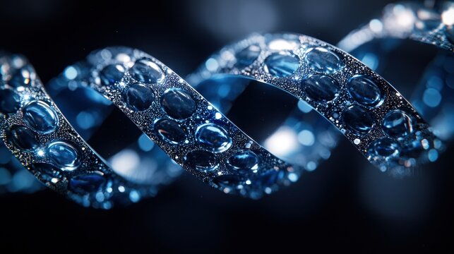 Glowing helix, water droplets, dark background, science concept