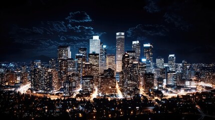 Obraz premium Night city lights skyline view, urban scene, aerial perspective, background use