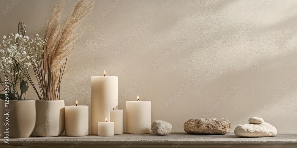 Aufkleber display featuring candles and rocks for an organic spa setting. web banner with copy space on the ri
