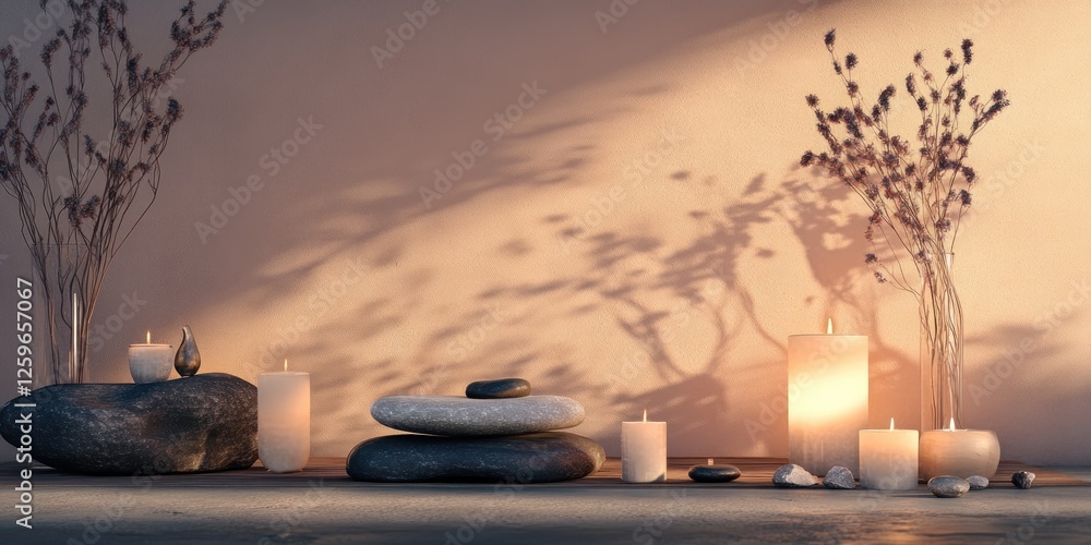 Aufkleber display featuring candles and rocks for an organic spa setting. web banner with copy space on the ri