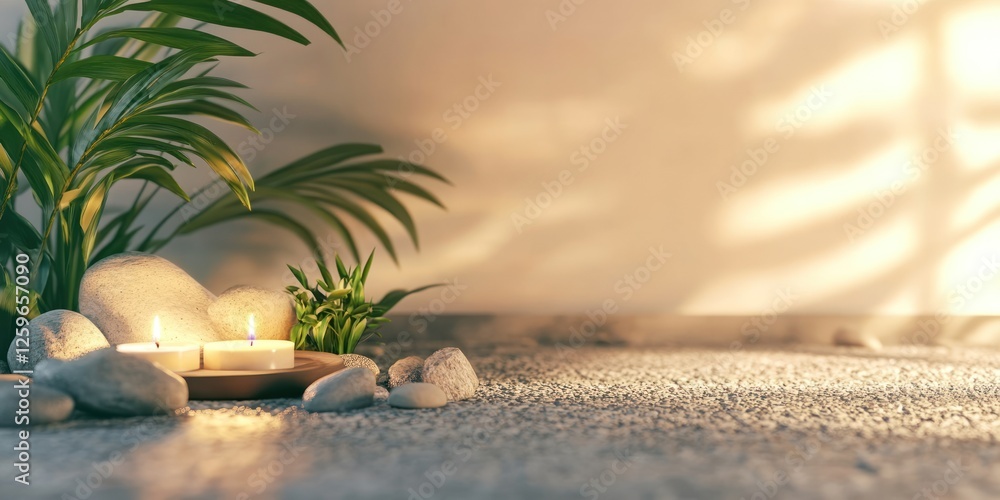 Aufkleber display featuring candles and rocks for an organic spa setting. web banner with copy space on the ri