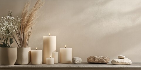 display featuring candles and rocks for an organic spa setting. Web banner with copy space on the right.