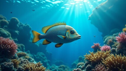 Fototapeta premium A fish swims in crystal-clear waters, its vibrant colors glistening under the sun. The vibrant and alive atmosphere celebrates the beauty and diversity of marine ecosystems, highlighting the need to p