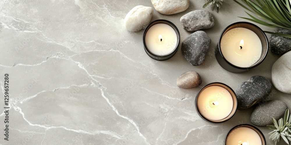Aufkleber display featuring candles and rocks for an organic spa setting. web banner with copy space on the ri