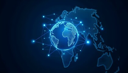 Fototapeta premium Global network, digital Earth, blue holographic globe, glowing connections, futuristic technology