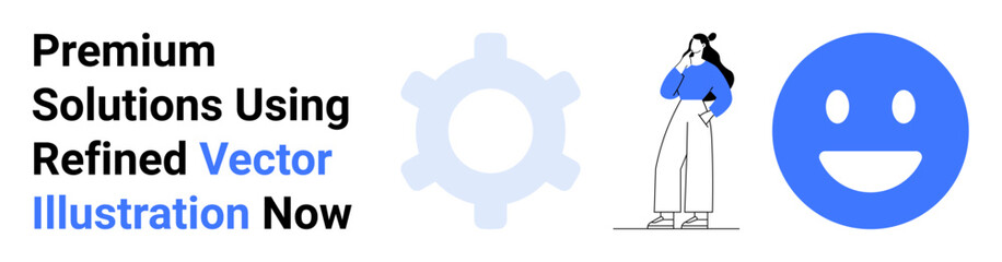 Gear icon, thoughtful professional woman, and happy face evoke innovation, strategy, and positivity. Ideal for teamwork, productivity, tech growth, marketing client solutions education flat