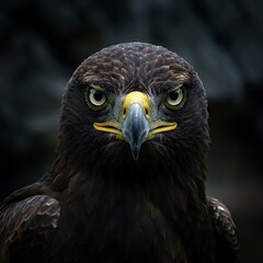 Fototapeta premium Powerful Eagle Closeup Portrait Dark Feathers Intense Gaze