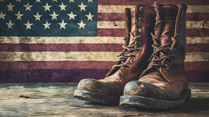 A Pair of WellWorn Leather Boots Resting on a Wooden Surface in Front of an American Flag Background