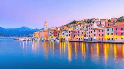 Fototapeta premium Mediterranean, harbor, tradition, A picturesque waterfront town with colorful buildings reflecting on calm waters during twilight.