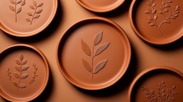 Aesthetic terracotta plates with embossed leaf designs arranged artistically on a warm background