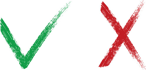 Check mark cross sign in grunge style. Yes and no symbol. Dirty hand drawn brush stroke.