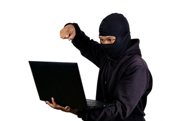 Male hacker holding laptop making threatening gesture. Isolated on white background