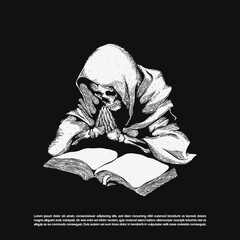 Vintage dark art skeleton wearing cloak reading a book vector isolated on black background