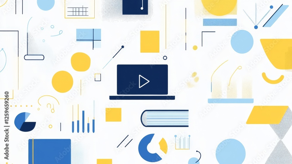 Poster abstract illustration of online learning with geometric shapes and data visualizations