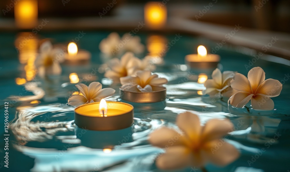 Poster serene spa setting with candles and flowers floating on water, creating an atmosphere of tranquility