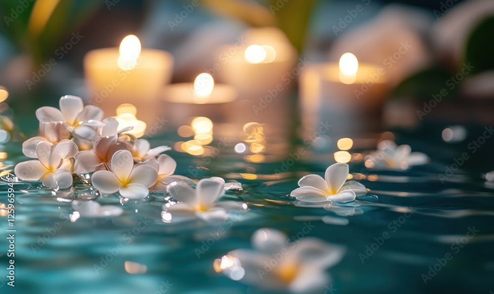 Poster serene spa setting with candles and flowers floating on water, creating an atmosphere of tranquility