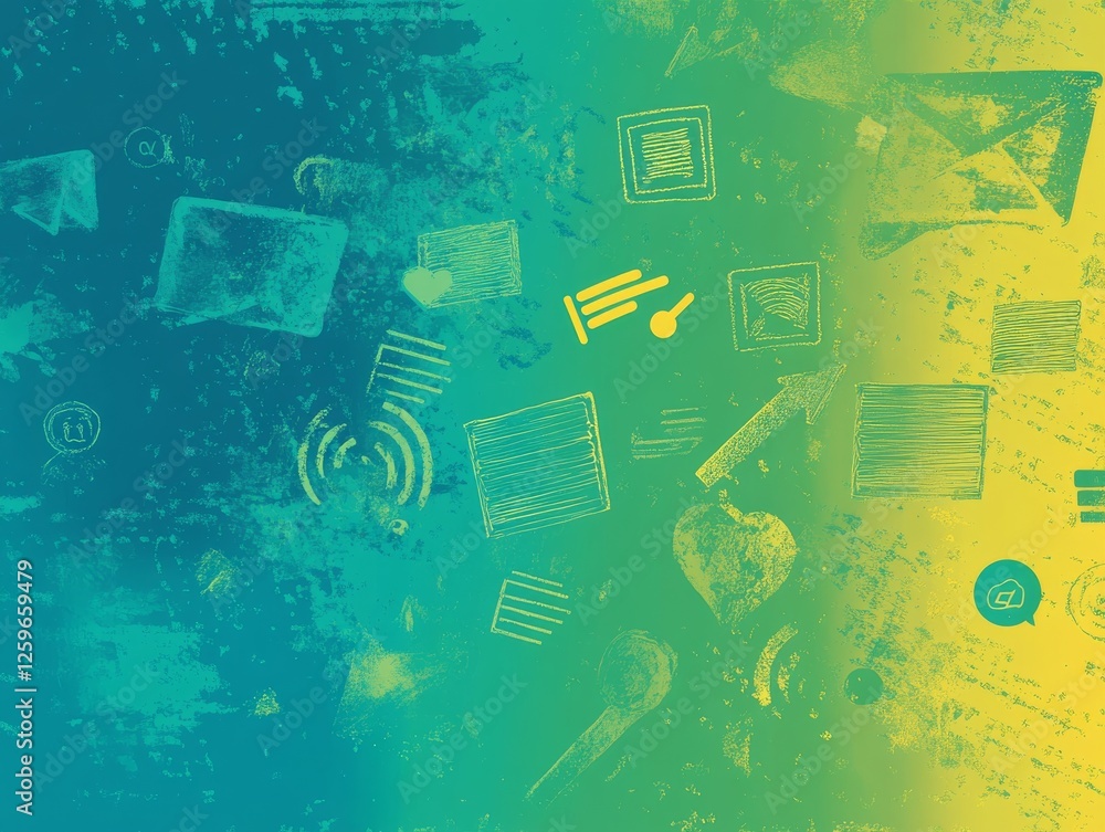 Poster abstract digital art with a gradient background and various symbols.