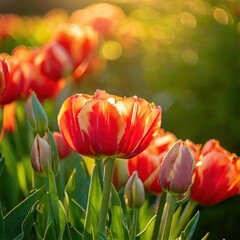 Fototapeta premium Close-up of vibrant red and orange tulips bathed in warm sunlight. Petals exhibit a striking blend of colors, creating a visually appealing contrast against the soft green background. 