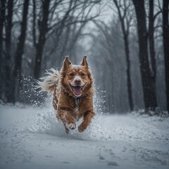Naklejka premium A dog running through a snowstorm, its fur dusted with frost.