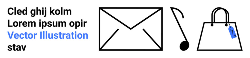 Envelope, musical note, and handbag with attached blue price tag in clean, minimalist design. Ideal for communication, music, shopping, e-commerce, retail marketing branding flat landing page