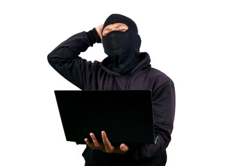 Shocked frustrated man wearing mask expressing failure, isolated on white background	