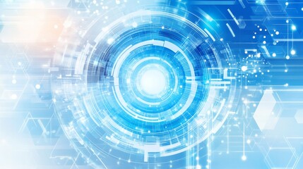 Abstract technological background with a central circular design and a network of lines and nodes.