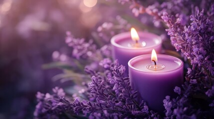 Purple flowers and candles create a dreamy atmosphere with a purple color theme. 