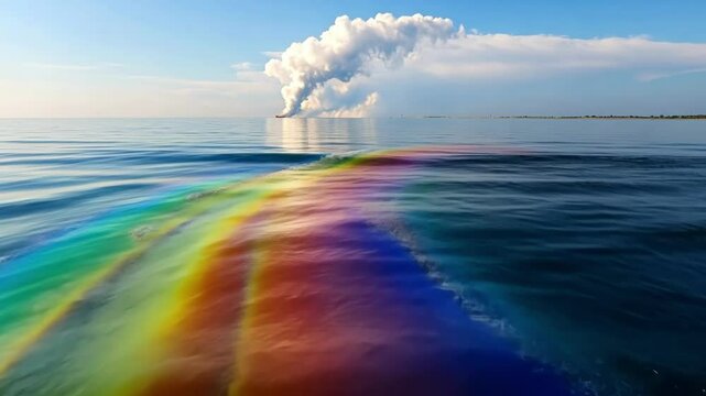 Vibrant oil spill on ocean surface highlighting environmental impact and pollution awareness