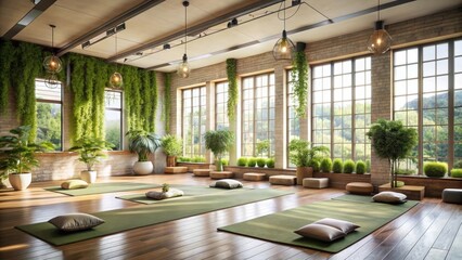 Serene Yoga Studio with Abundant Natural Light and Lush Greenery Featuring Wooden Flooring and Multiple Yoga Mats