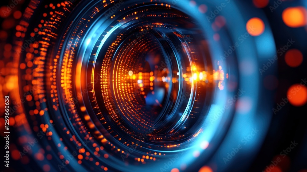 Poster futuristic technology tunnel with glowing particles and data streams