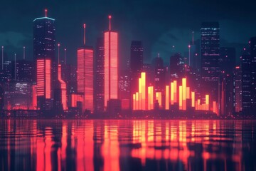 A glowing city at night with skyscrapers shaped like bar charts, symbolizing business success.