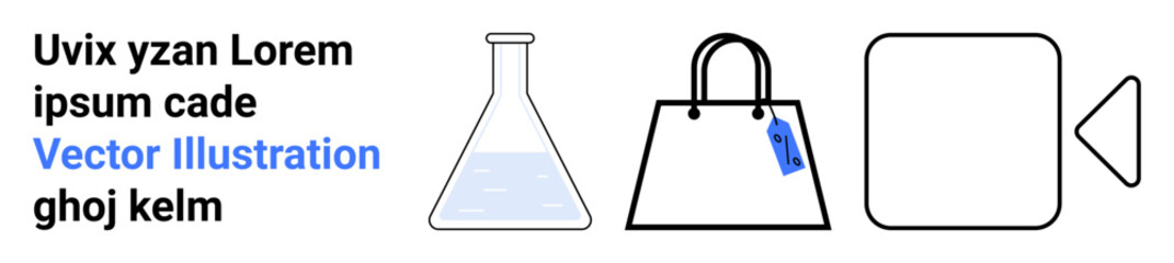 Laboratory flask with liquid, handbag with tag, square and triangular abstract shapes. Ideal for science, retail, e-commerce, branding, design concepts, minimalistic visuals flat landing page banner