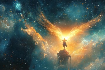 Naklejka premium A person with wings breaking free from chains, flying toward a radiant sky filled with stars and floating islands.