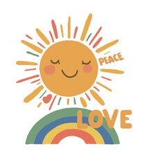 Smiling Sun with Rainbow and Peace Love Text  Positive Vibes Vector
