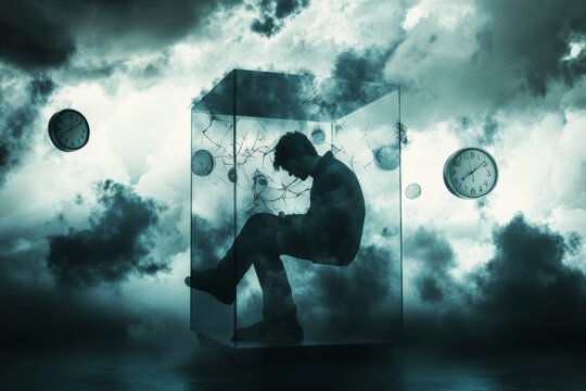 A person trapped inside a glass box, surrounded by dark clouds and broken clocks.