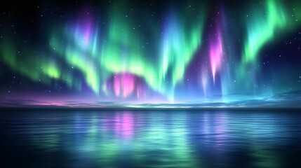 Aurora Borealis reflecting over a tranquil ocean at night