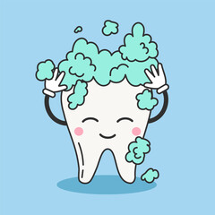 Cartoon tooth character with toothpaste and foam. Happy clean tooth vector illustration. Dental care concept for kids