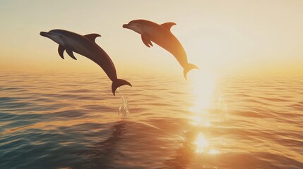 Naklejka premium Dolphins Jumping at Sunset
