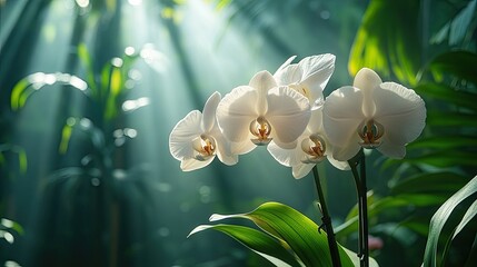 Elegant white orchids bloom in a lush green environment, illuminated by soft rays of sunlight