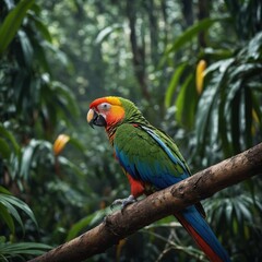 A colorful parrot perched on a branch in a tropical rainforest.