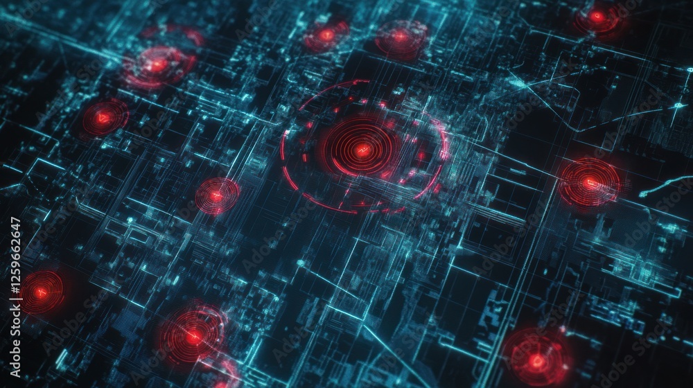 Poster abstract futuristic technology circuit board with red target indicators