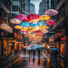 Colorful umbrellas street, Hong Kong, rainy day, urban scene, travel
