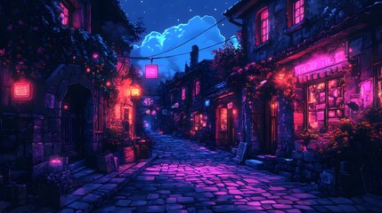 Obraz premium Neon-lit cobblestone alley with vibrant storefronts under a starry sky