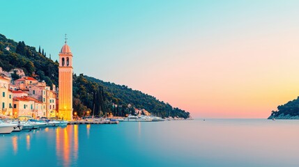 Fototapeta premium Mediterranean, harbor, tradition, A serene coastal view at sunset, featuring a charming town with a bell tower, calm waters, and lush hills in the background.