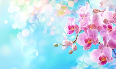Fototapeta premium Beautiful pink orchid flowers with a bokeh background. Pink and white phalaenopsis orchids on a blue background.
