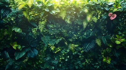 Lush vertical garden, vibrant green foliage creating a textural tapestry