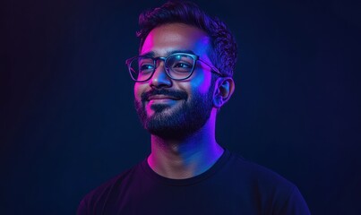 Obraz premium cinematic shot of an Indian man with short hair, a beard, and glasses standing in front of the camera, smiling. He is wearing a black t-shirt. The background color is dark blue. 