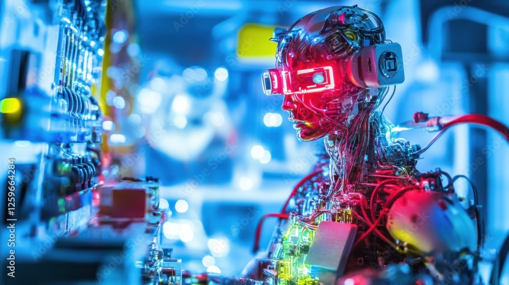 Poster futuristic android engineering intricate systems with glowing visor display