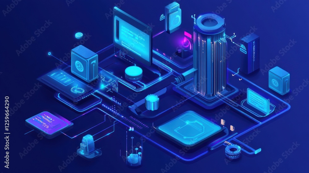 Poster isometric technology network: futuristic data processing and connectivity